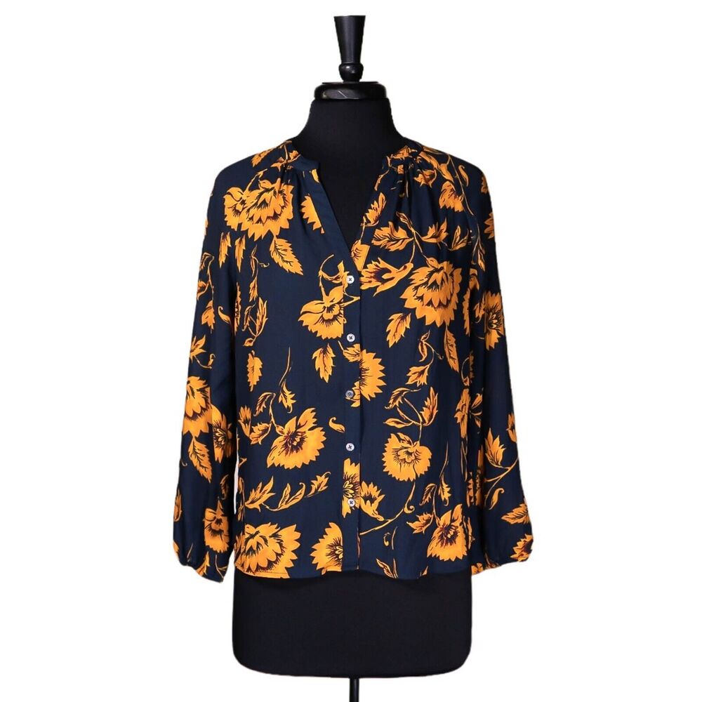 J. Crew Women's Shirt Button Up Blue Yellow Floral V-Neck Ruched Blouse Top S